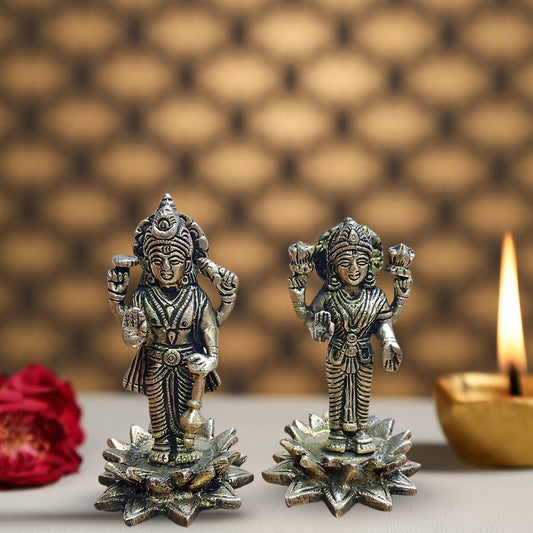 Brass Lakshmi Narayan Idols on Lotus Base – Handmade Vishnu & Lakshmi Statue Set | Puja Home Temple Decor