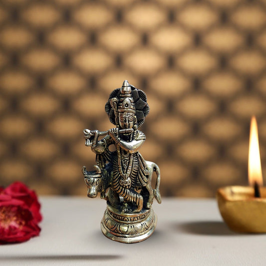 Brass Lord Krishna with Cow Idol – Flute Playing Krishna Murti for Pooja, Vastu & Home Décor