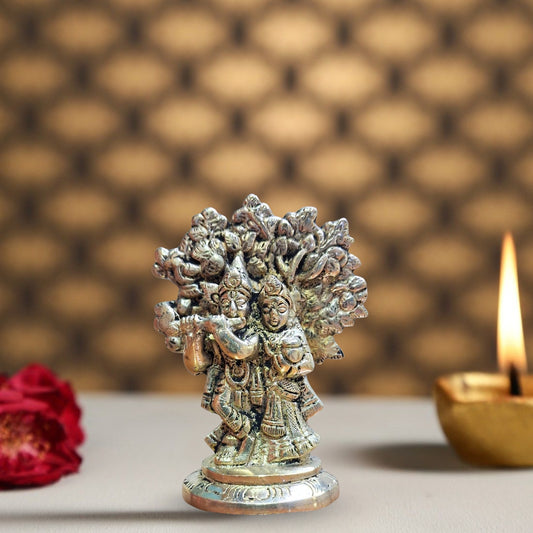 Brass Radha Krishna Idol Under Kadamba Tree – Handmade Statue of Divine Love & Harmony | Home Temple & Spiritual Gift
