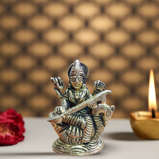 Brass Goddess Saraswati Idol on Swan – Goddess of Wisdom, Knowledge & Music Statue | Home Temple & Spiritual Gift