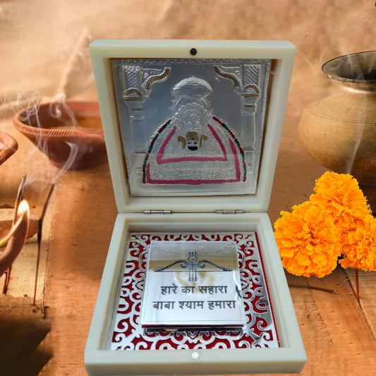Khatu Shyam Ji Gold-Plated Idol Frame on Silver Base with “Hare Ka Sahara Baba Shyam Hamara” Inscription – Sacred Ivory Case