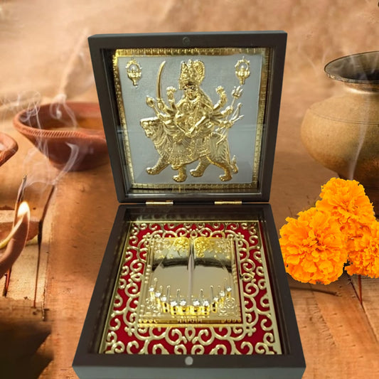 Maa Durga Gold-Plated Idol Frame on Silver Base with Charan Paduka – Premium Divine Brown Case