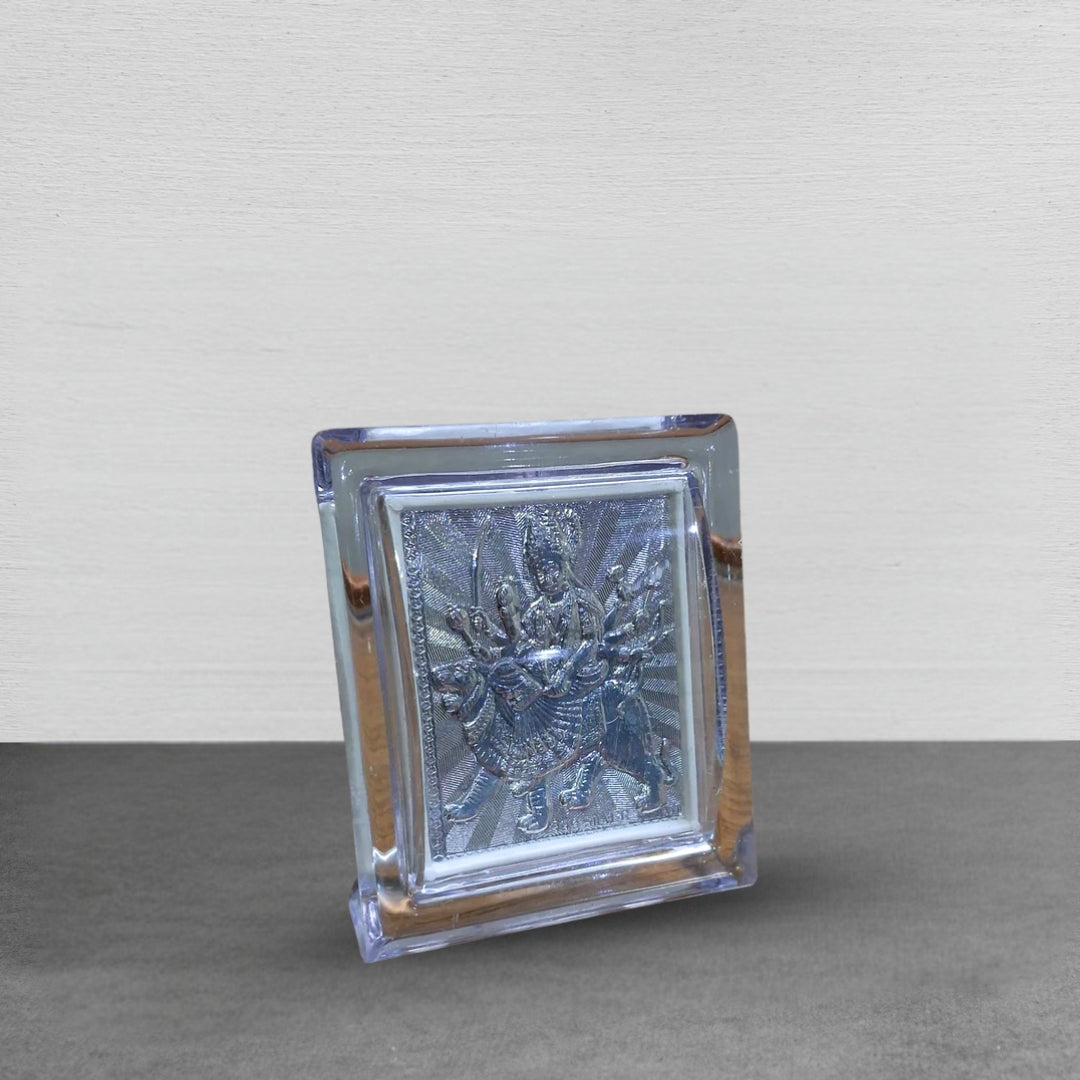 Silver Plated Maa Durga Idol in Protective Acrylic Case – Handcrafted Spiritual Décor for Home Temple, Navratri & Gifting