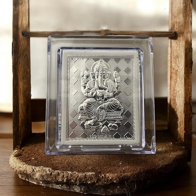 Silver Plated Lord Ganesha Frame with Acrylic Case | Divine Embossed Artwork for Home Temple & Gifting