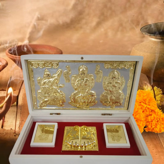 Lakshmi Ganesh Saraswati Gold-Plated Idol with Silver Base & Charan Paduka in Sacred Ivory Case