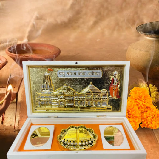 Ram Mandir Ayodhya Premium Devotional Set | Gold-Plated on Silver Base with Sacred Charan Paduka in Ivory Case
