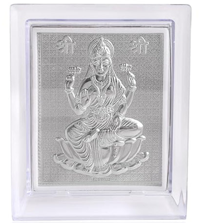 Silver Plated Goddess Lakshmi frame in Transparent Acrylic Stand – Pure Silver Embossed Design for Wealth & Prosperity