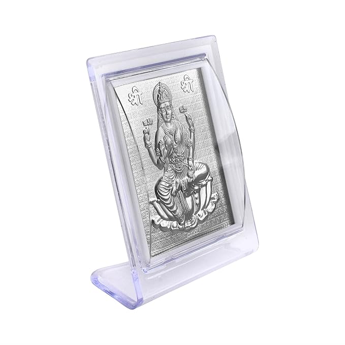 Silver Plated Goddess Lakshmi frame in Transparent Acrylic Stand – Pure Silver Embossed Design for Wealth & Prosperity