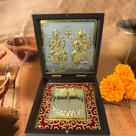 Lakshmi Ganesh Ji Gold-Plated Idol Frame on Silver Base with Charan Paduka – Premium Divine Brown Case
