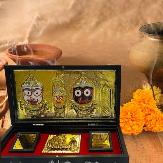 Lord Jagannath Gold-Plated Idol with Silver base & Charan Paduka in Divine Brown Case – Premium Pooja and Gift set