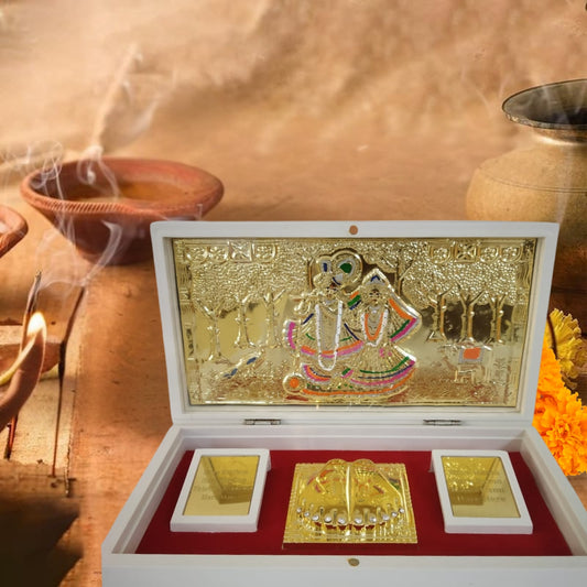 Radha Krishna Charan Paduka Box – Silver with Gold-Plated Artwork for Pooja & Gifting