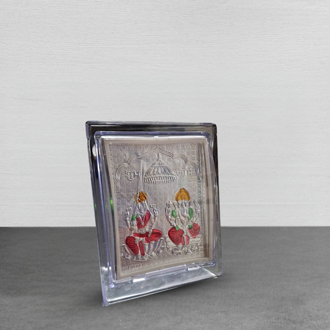 Silver Plated Lakshmi Ganesh Ji Photo Frame with Colors – Pure Silver Religious Gift for Puja Room, Home Temple & Office