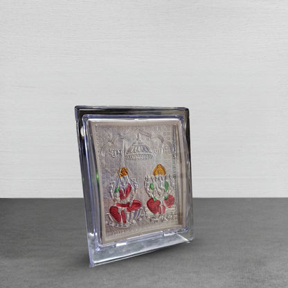 Silver Plated Lakshmi Ganesh Ji Photo Frame with Colors – Pure Silver Religious Gift for Puja Room, Home Temple & Office