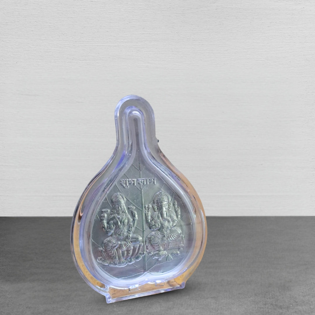 Silver Plated Laxmi Ganesh Ji Leaf Frame in Acrylic Case – Spiritual & Decorative Keepsake for Home & Pooja