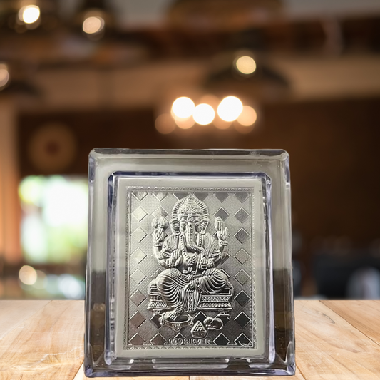 Silver Plated Lord Ganesha Frame with Acrylic Case | Divine Embossed Artwork for Home Temple & Gifting