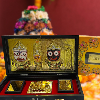 Lord Jagannath Gold-Plated Idol with Silver base & Charan Paduka in Divine Brown Case – Premium Pooja and Gift set