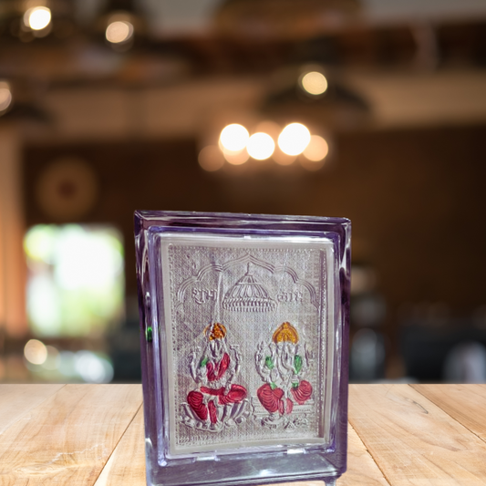 Silver Plated Lakshmi Ganesh Ji Photo Frame with Colors – Pure Silver Religious Gift for Puja Room, Home Temple & Office