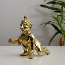 Brass Bal Gopal Idol with Poshak Set – Golden Laddu Gopal Ji Statue for Pooja & Janmashtami
